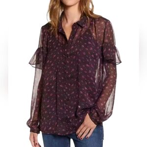 French Connection Women's Purple Floral Long Sleeve Ruffle Shirt Top Size 6